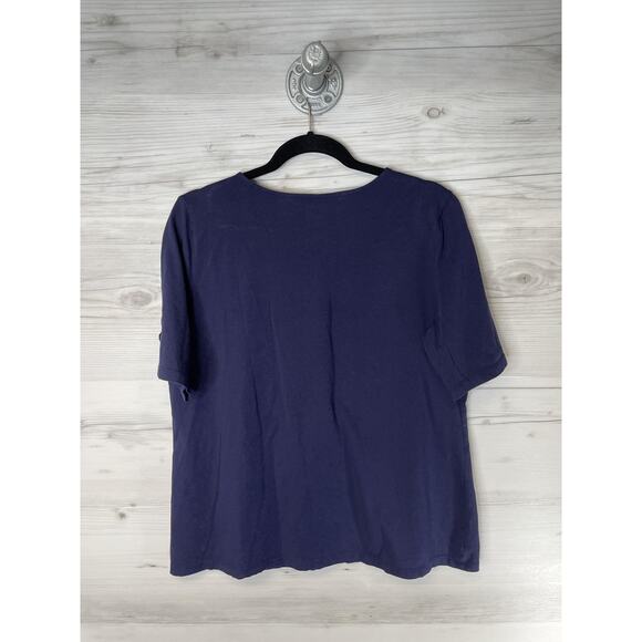 Jones New York Signature Shirt Womens Large Navy Blue Crochet Split Neck Top - Picture 10 of 10